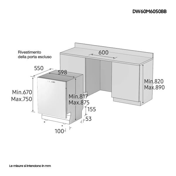 Samsung DW60M6050BB Lavastoviglie da incasso a scomparsa totale Serie 6000 14 coperti E Terzo cesto per posate