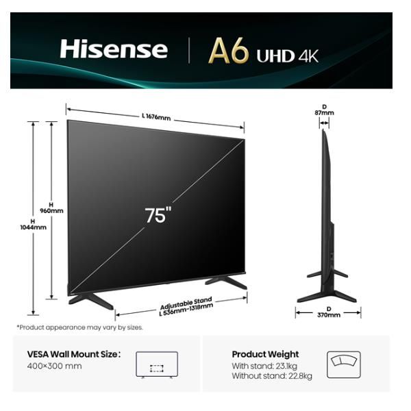 TV LED 75"UHD 4K 60HZ DVBT2/S2 SMART VIDAA U9